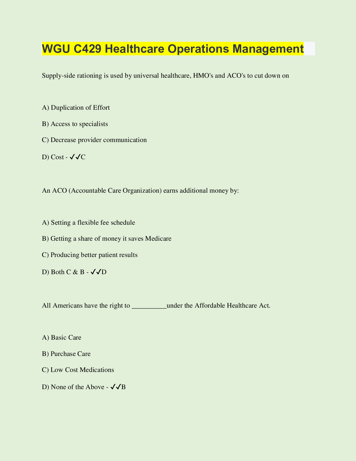 Preview of WGU C429 Healthcare Operations Management | 115 Questions with 100% Correct Answers | Veri